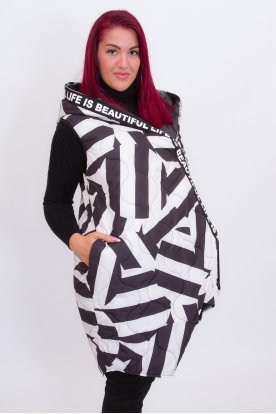 Stílusos asszimetrikus zebra mintás feliratos kapucnis női mellény