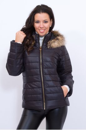 Nagy méretű divatos karcsúsított rövid derekú steppelt téli kabát levehető prémes kapucnival