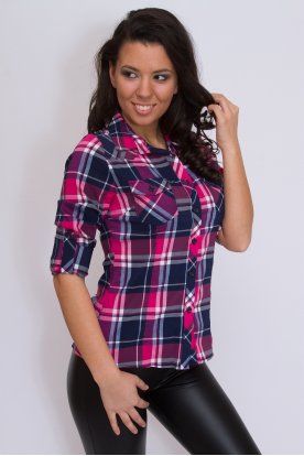 CATANIA Divatos nagy méretű női karcsúsított roll up ujjú pink-kék kockás ing